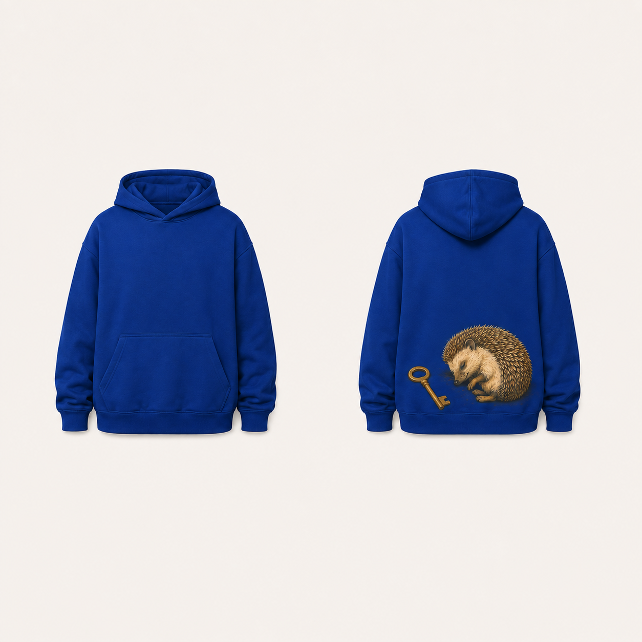 Deep Cobalt pullover hoodie, plain front with pouch pocket and a natural sleeping hedgehog beside a brass key on the back.