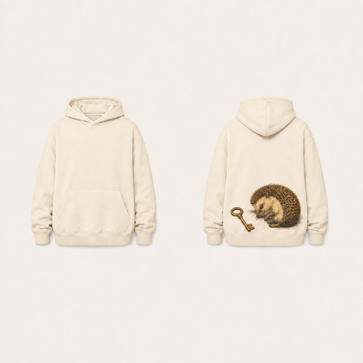 Warm Oat pullover hoodie with the same sleeping hedgehog and separate brass key on the back; plain front pouch pocket.