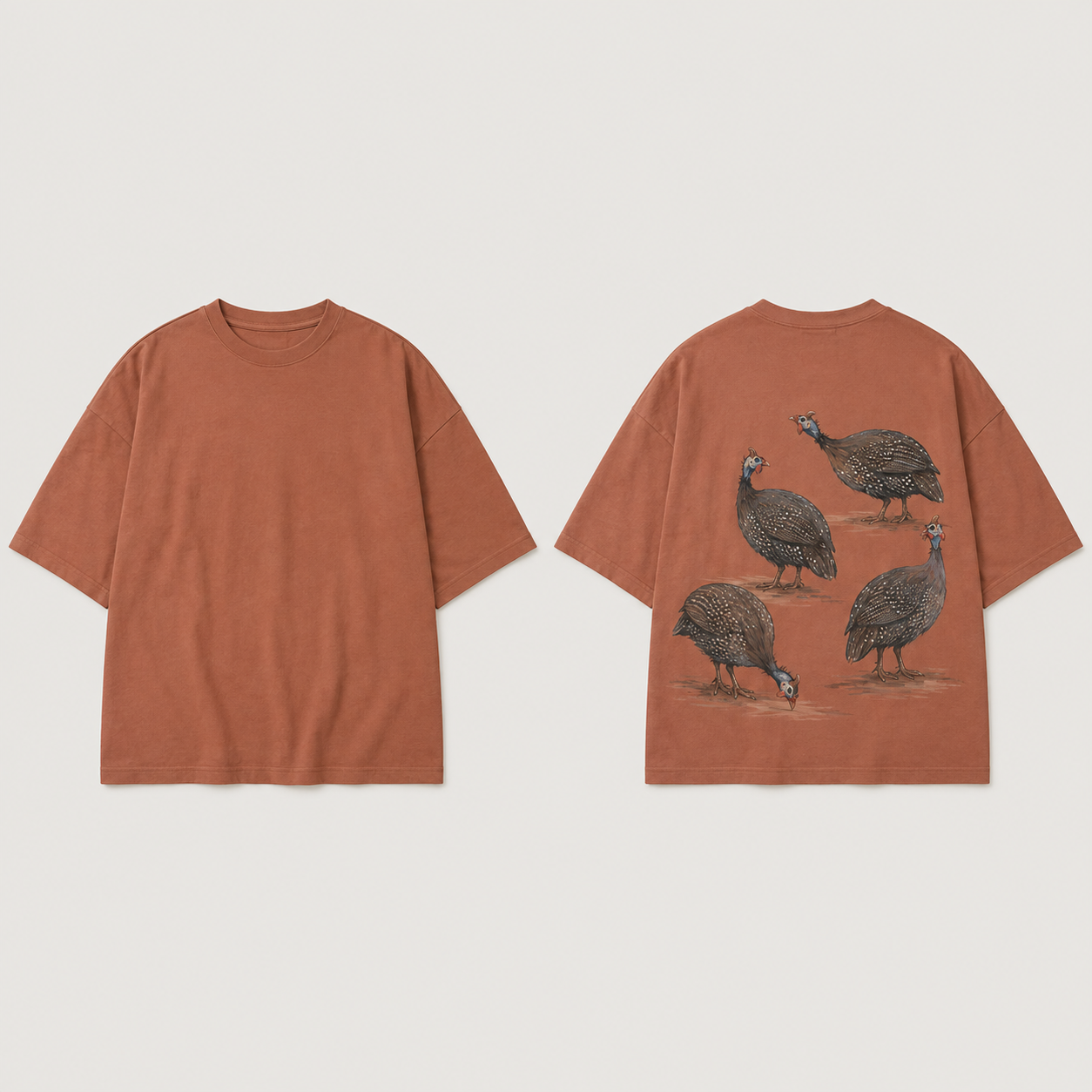 Front and back of a muted-terracotta oversized tee with a plain front and four charcoal-and-cream speckled guinea fowl in different poses on the back.