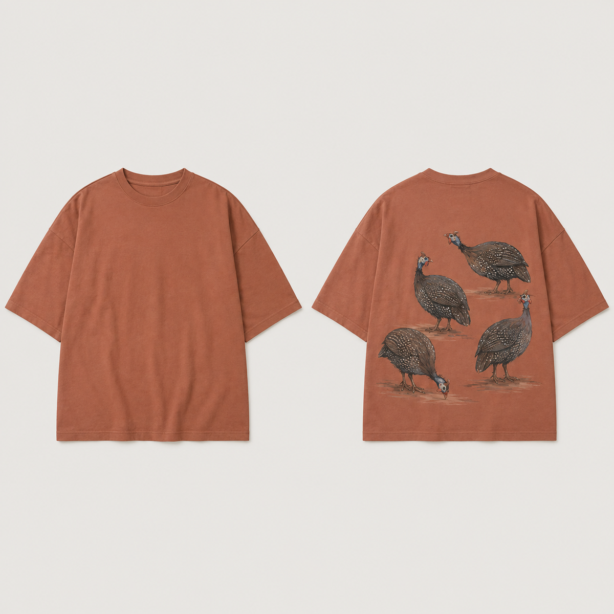 Front and back of a muted-terracotta oversized tee with a plain front and four charcoal-and-cream speckled guinea fowl in different poses on the back.