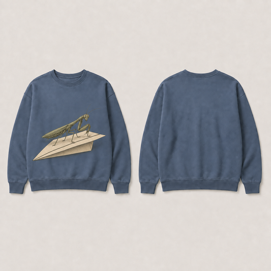 Front and back of a dusk-blue crewneck; the front shows an olive praying mantis standing on a cream paper airplane, and the back is plain.