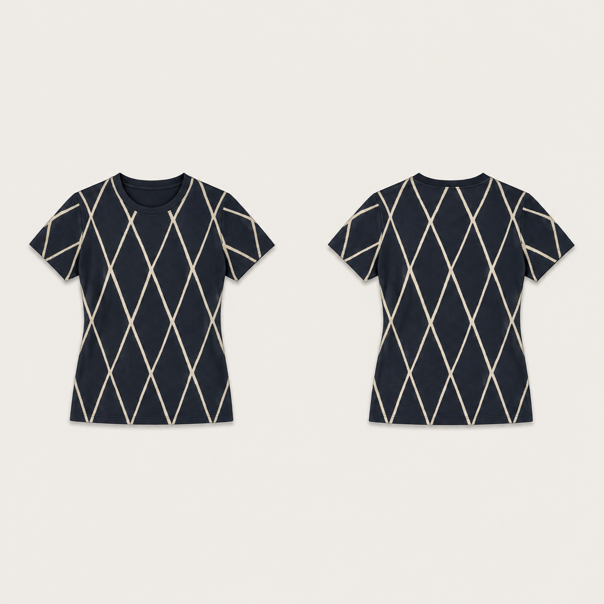 Front and back of a fitted ink tee with large open cream elongated-diamond lines across the body and sleeves and a plain dark round neckline.