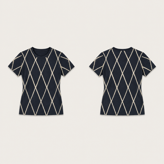 Front and back of a fitted ink tee with large open cream elongated-diamond lines across the body and sleeves and a plain dark round neckline.