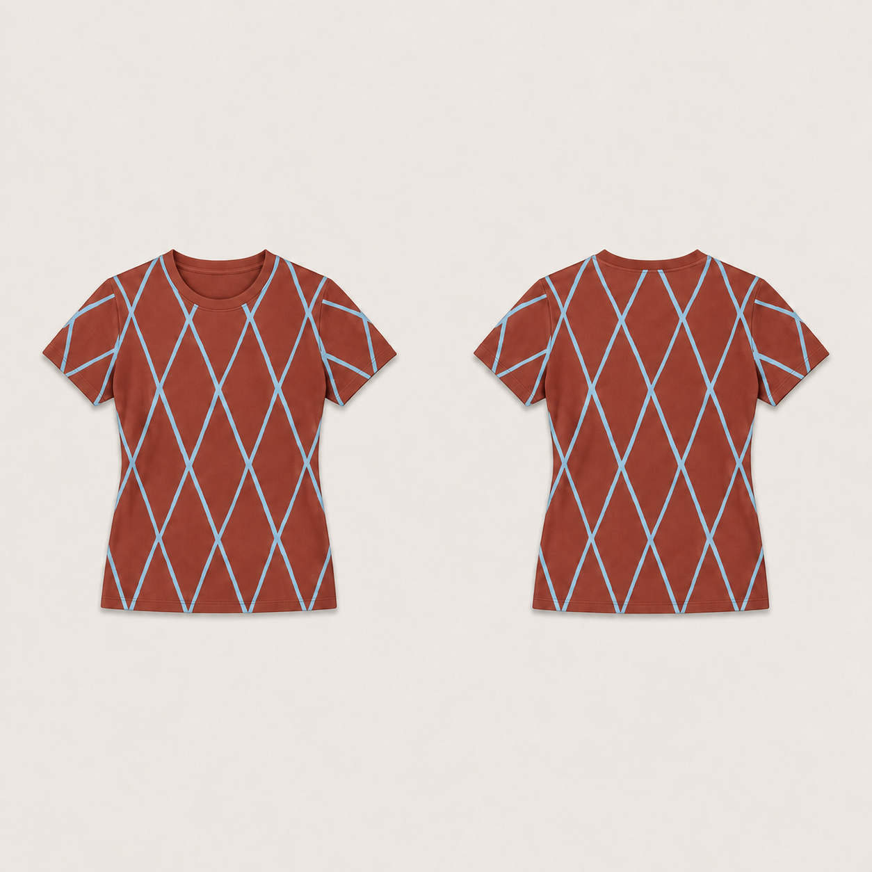 The same fitted lattice tee in brick with pale-blue lines, retaining its pattern layout and plain tonal neckline.
