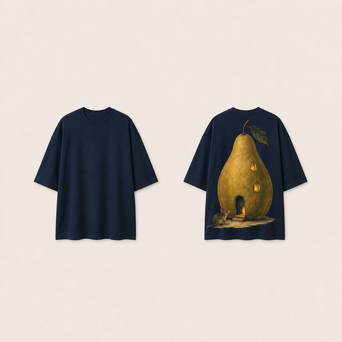 Bottle Blue oversized tee, full front and back, plain front and large golden pear dwelling with lit windows and a small mouse on the back.