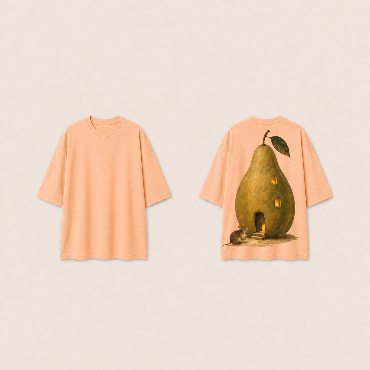 Pale Melon oversized tee, full front and back, plain front and golden pear dwelling with a small mouse on the back.