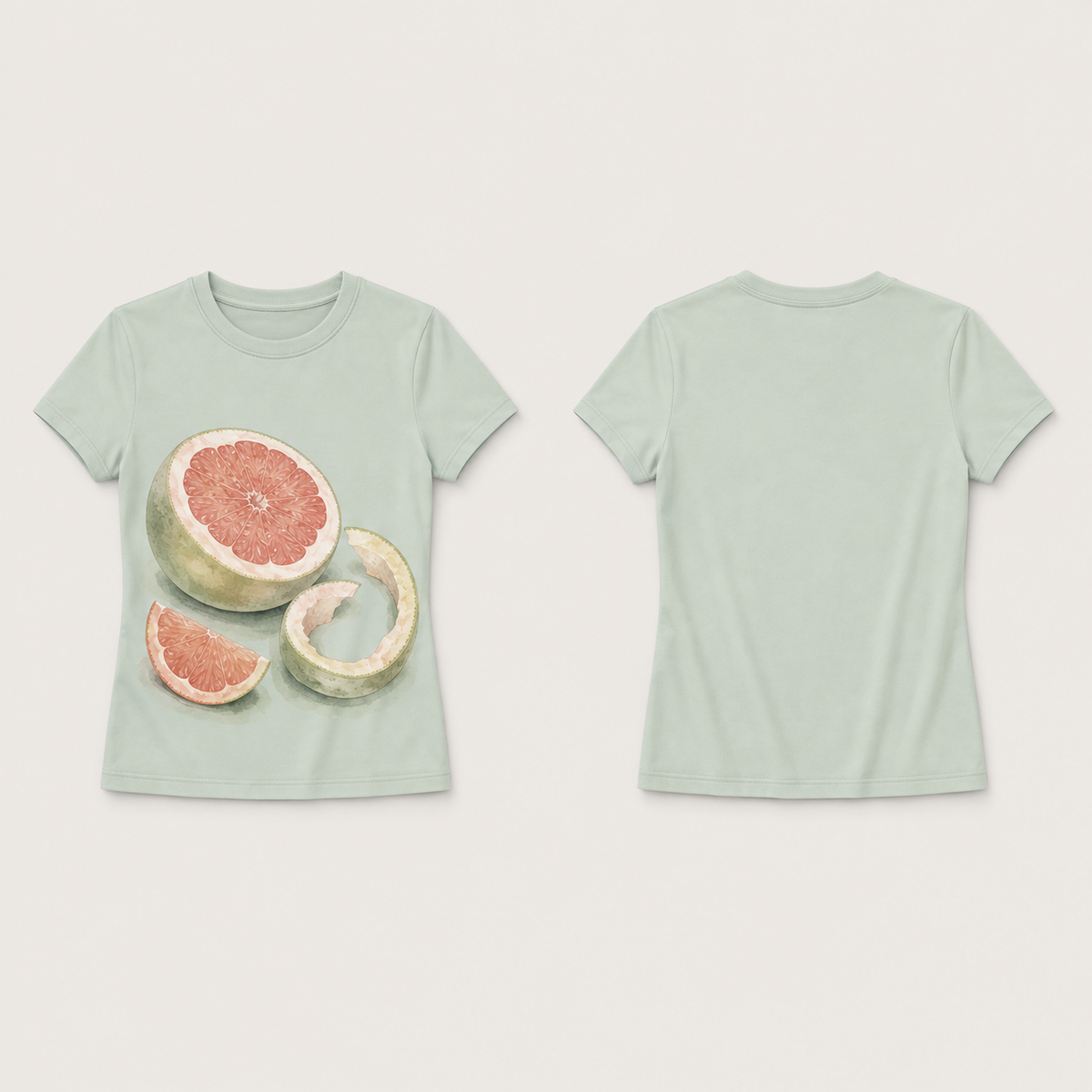 Front and back of a pale-celadon fitted tee; a large pink pomelo half, separate wedge and curled peel form an asymmetric still life on the front, with a plain back.