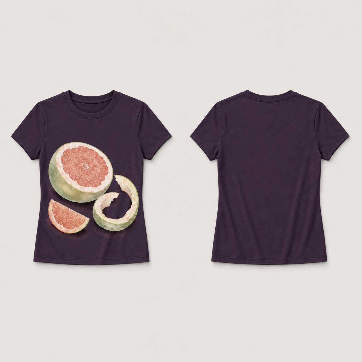 Front and back of an ink-plum fitted tee with a pink pomelo half, wedge and curled pale peel on the front and a plain back.