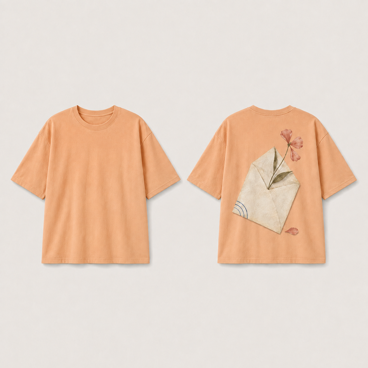 Front and back of a faded-apricot oversized tee with a cream envelope and coral pressed flower on the back and a plain front.