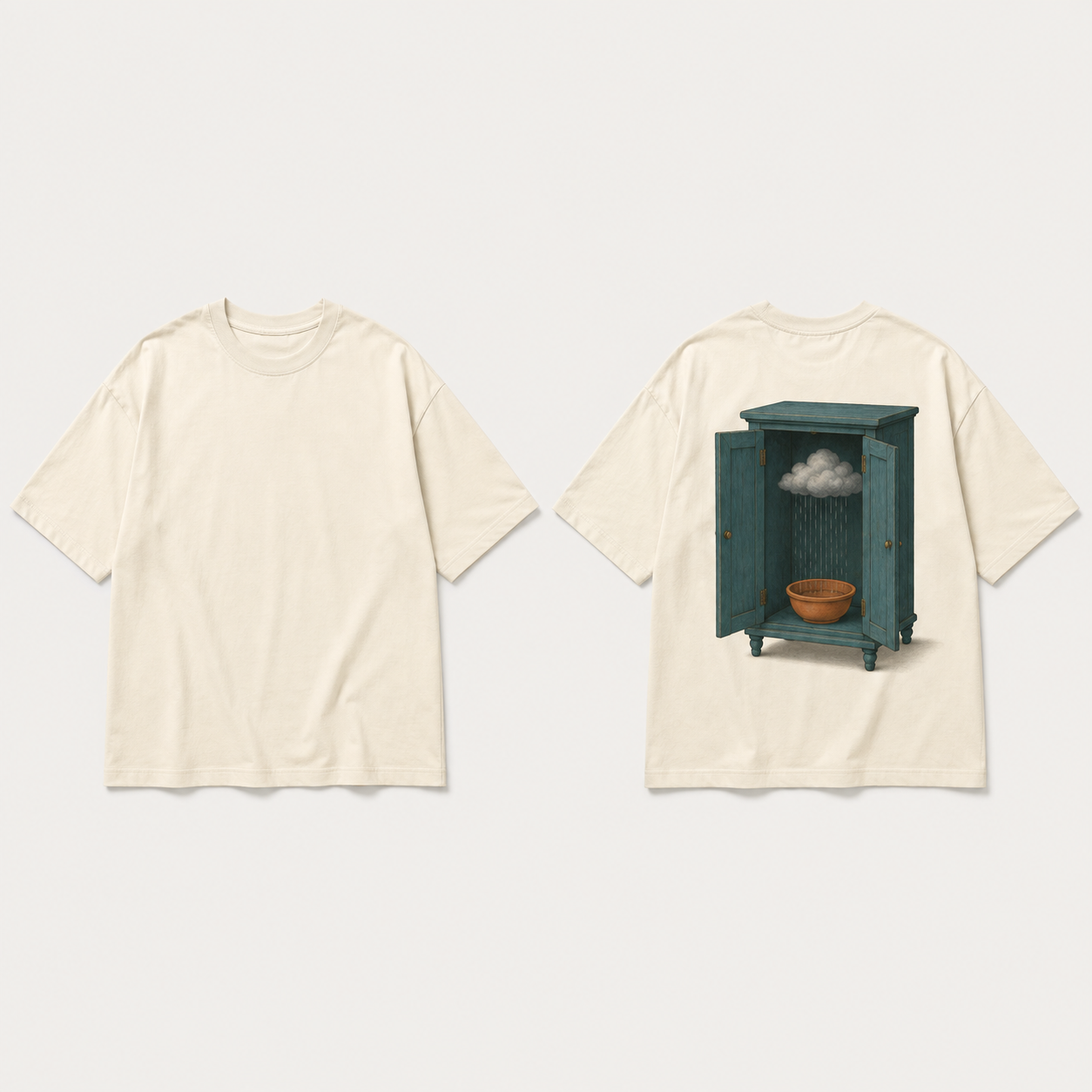 Front and back of a warm-ivory oversized tee with a plain front and a teal open cabinet containing a small gray rain cloud above a terracotta basin on the back.