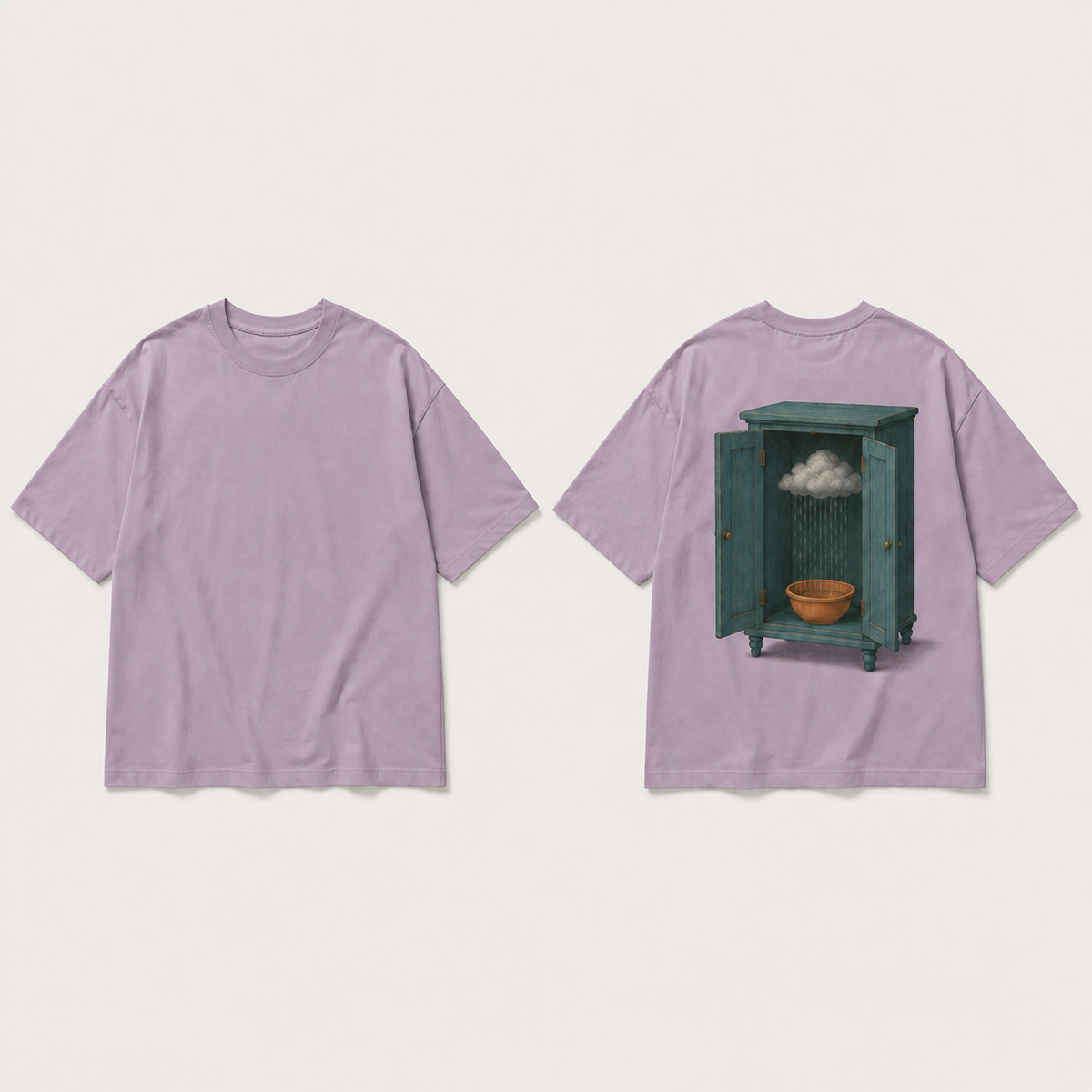Front and back of a smoky-lilac oversized tee with a plain front and a teal open cabinet containing a small gray rain cloud above a terracotta basin on the back.
