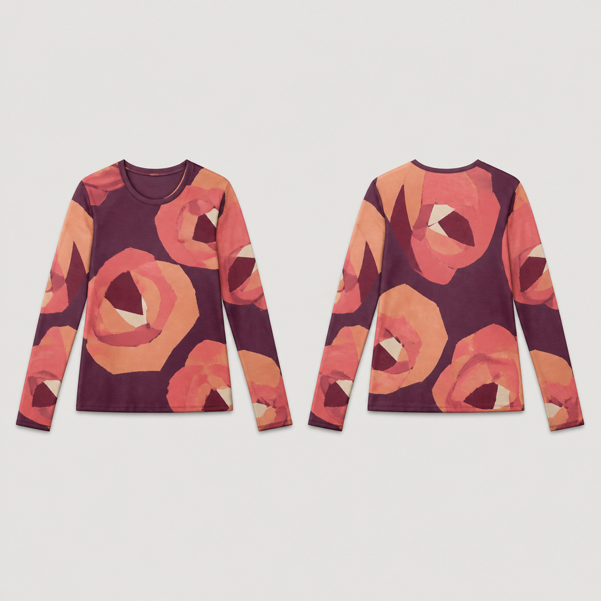 Complete front and back concept views of Saved the Paper — Long-Sleeve Tee in Mulberry and Apricot. Original large paper-flower-like rosettes built from irregular folded-looking flat petal planes in apricot, muted coral and dark wine on mulberry. Sparse angular cream gaps and asymmetrical layering make a textile, not literal wrapping paper or a bouquet.