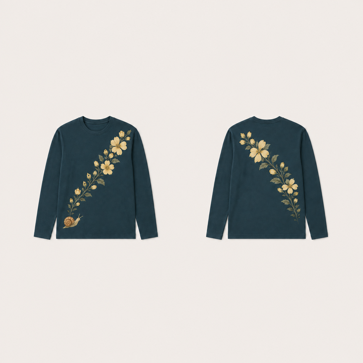 Petrol long-sleeve tee with a natural snail beneath a diagonal trail of butter flowers on the front and a complementary flower trail on the back.