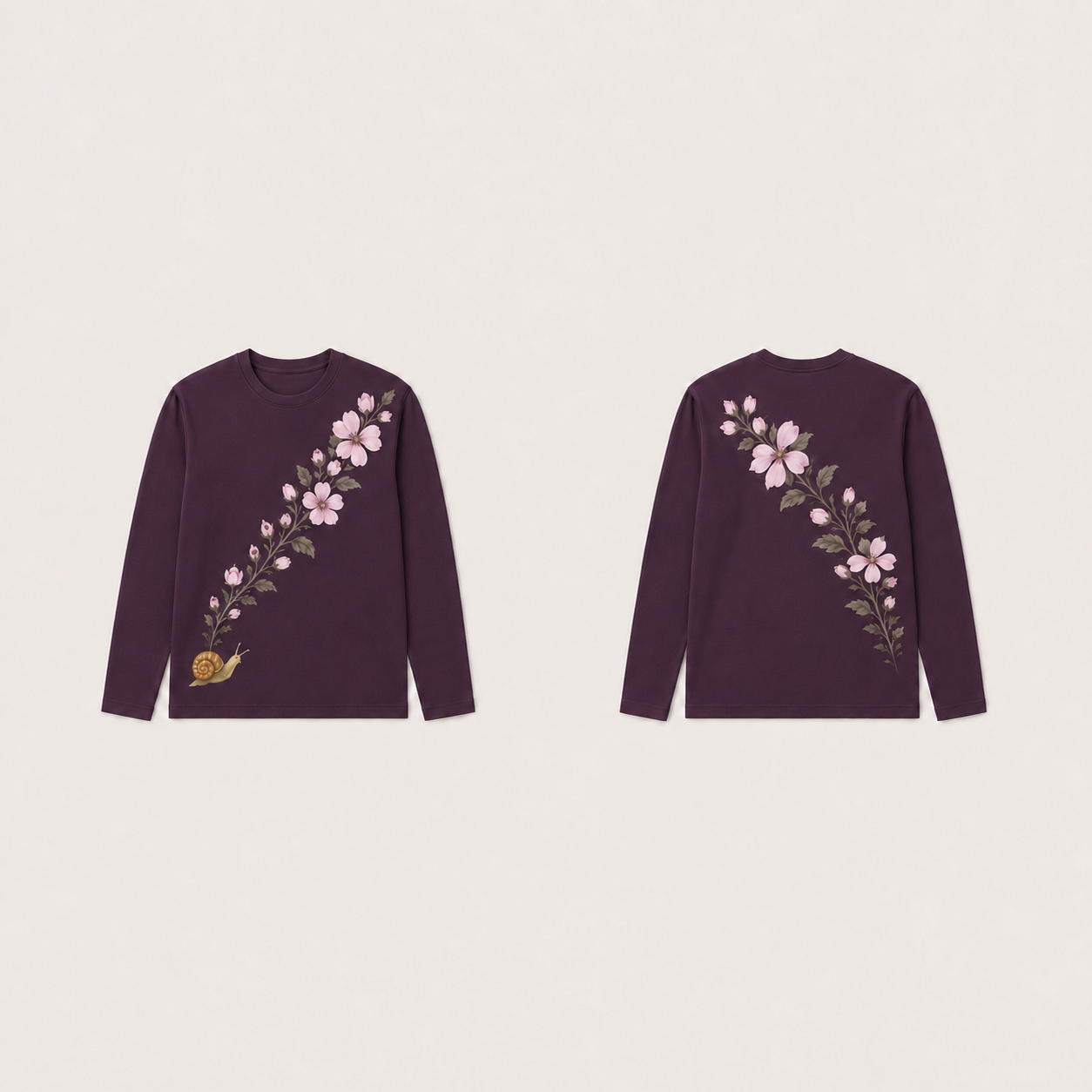 Mulberry long-sleeve tee with matching pale pink flower trails and a small golden snail on the front.