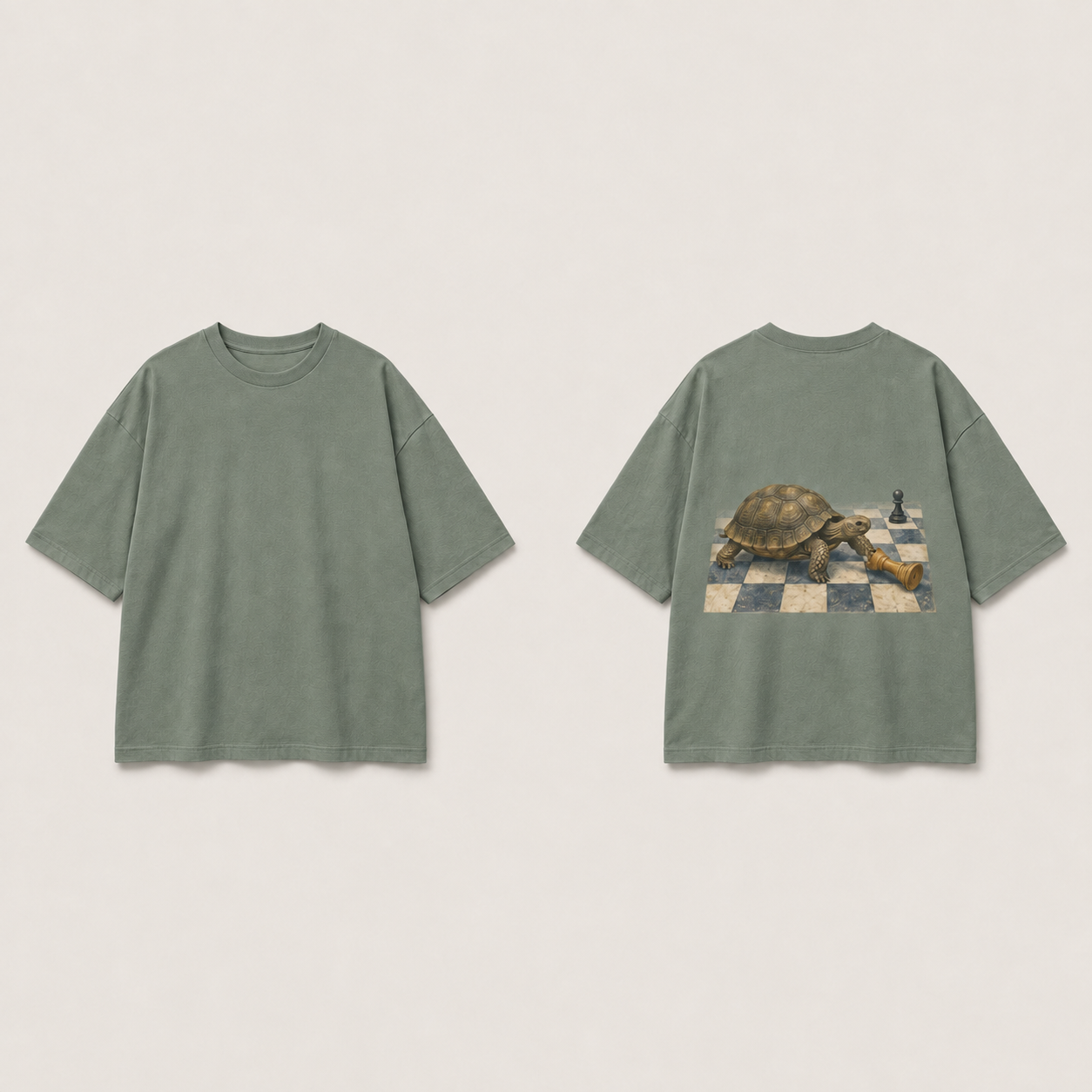 The same tortoise-and-chess oversized tee in dusty pine, with its plain front and two-piece chess position retained.