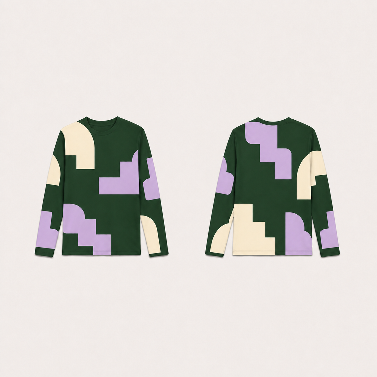 Forest long-sleeve tee with matching lilac stepped shapes and cream rounded fields across front, back and sleeves.