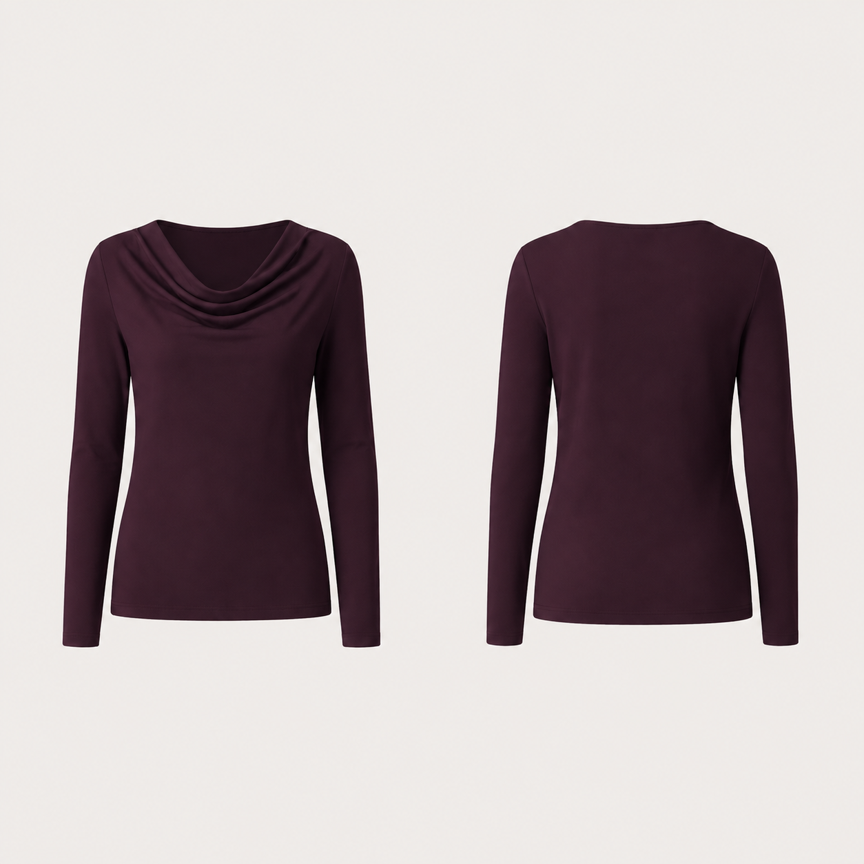 Dark mulberry long-sleeve tee with a shallow continuous cowl front, covered shoulders and plain high back.
