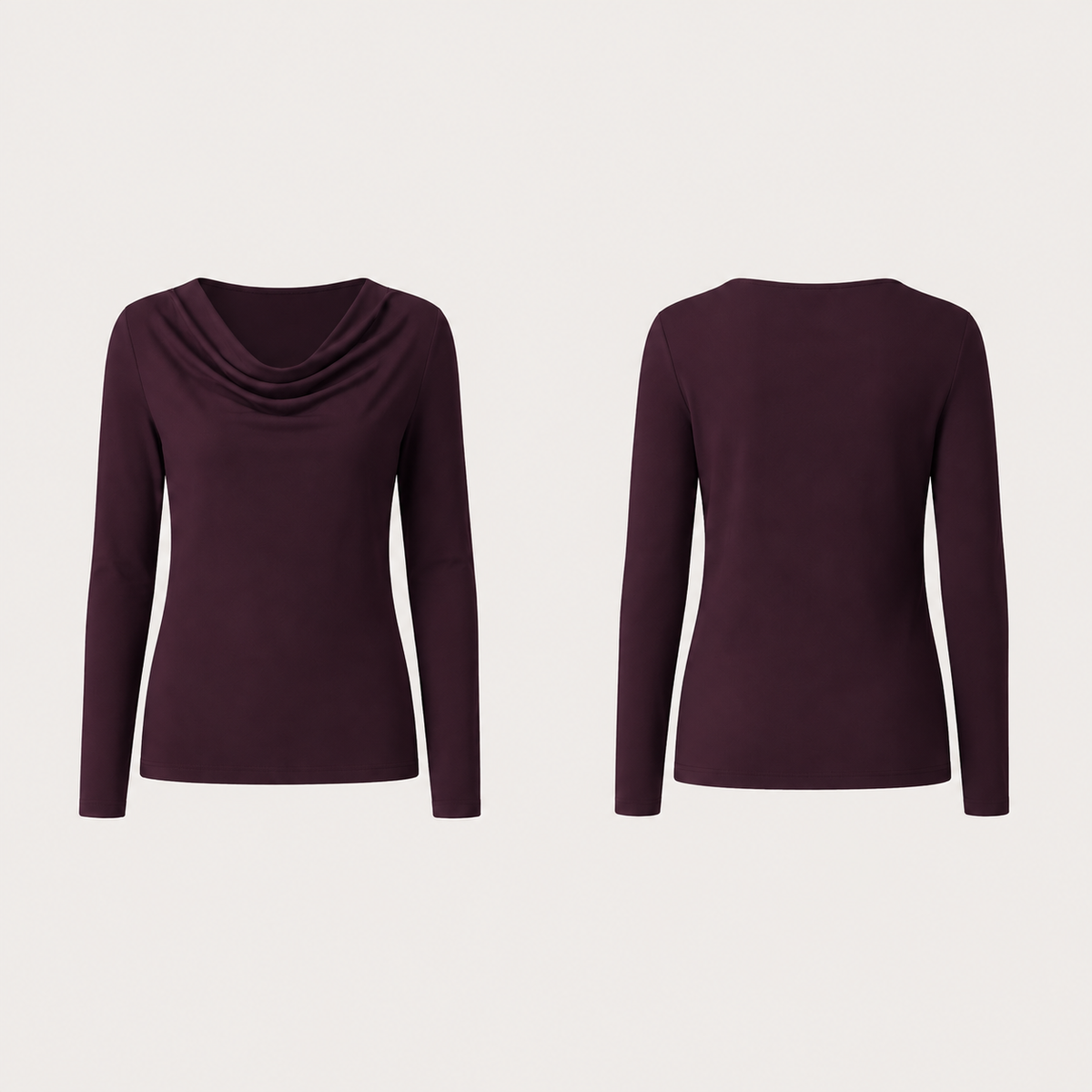 Dark mulberry long-sleeve tee with a shallow continuous cowl front, covered shoulders and plain high back.