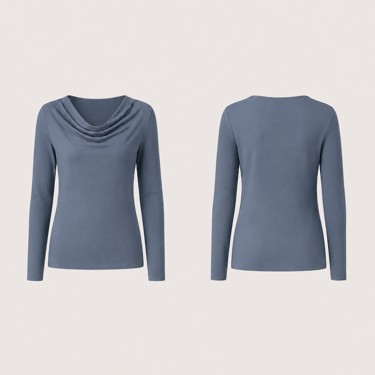 Blue smoke long-sleeve tee with the same soft cowl front and plain high back.