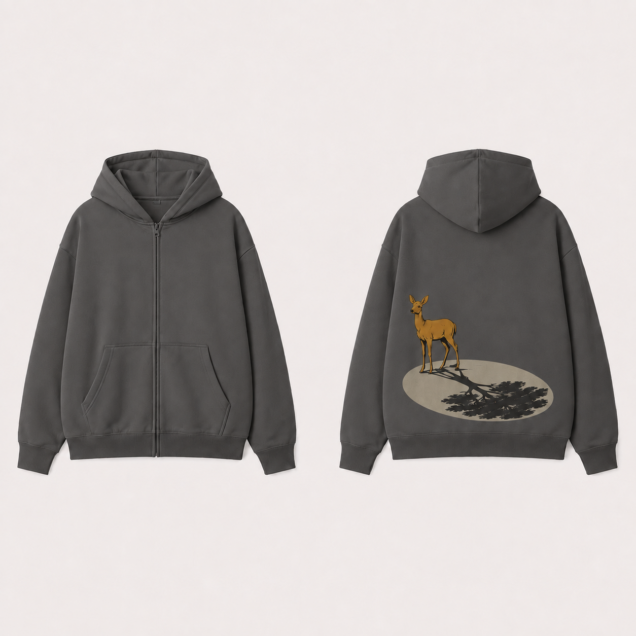 Warm Slate zip hoodie shown front and back, with a natural doe casting a flat tree-shaped shadow across a pale oval ground on the back.
