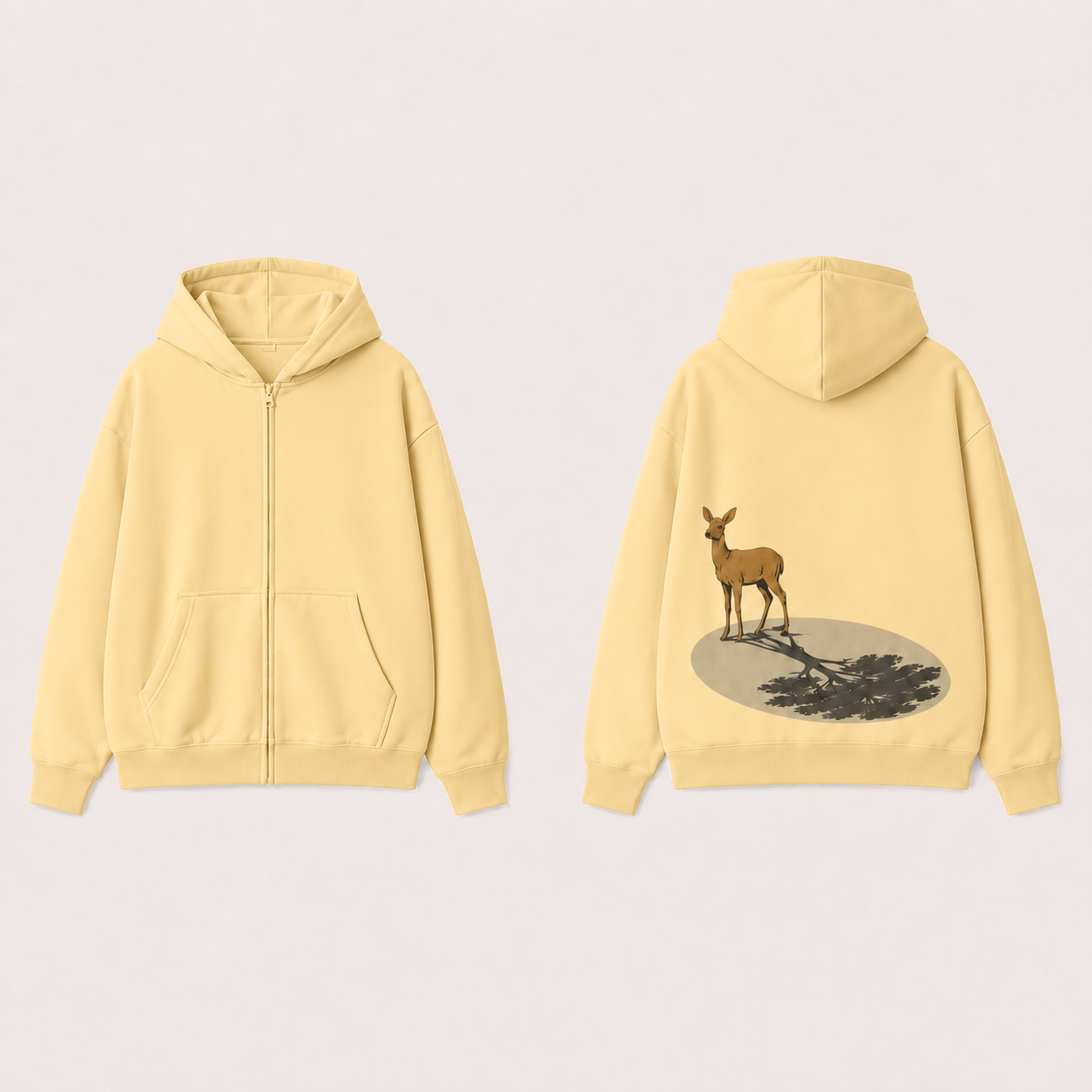 Pale Saffron zip hoodie shown front and back, with a natural doe casting a flat tree-shaped shadow across a pale oval ground on the back.