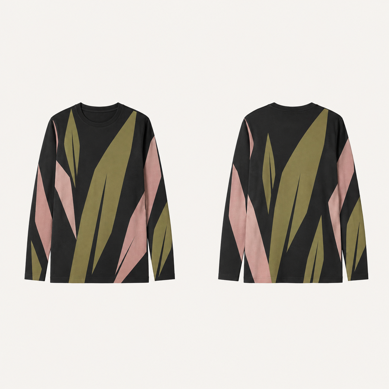 Ink long-sleeve tee with large acid olive and blush angular leaf planes across front, back and sleeves.