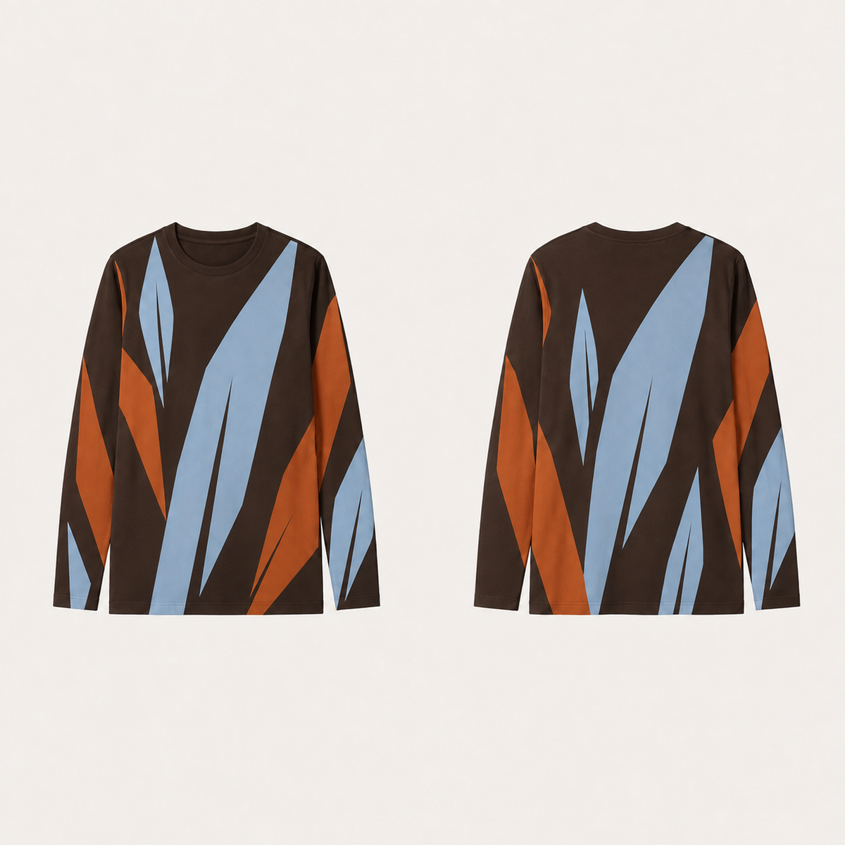 Chocolate long-sleeve tee with matching ice blue and rust angular leaf planes across front, back and sleeves.