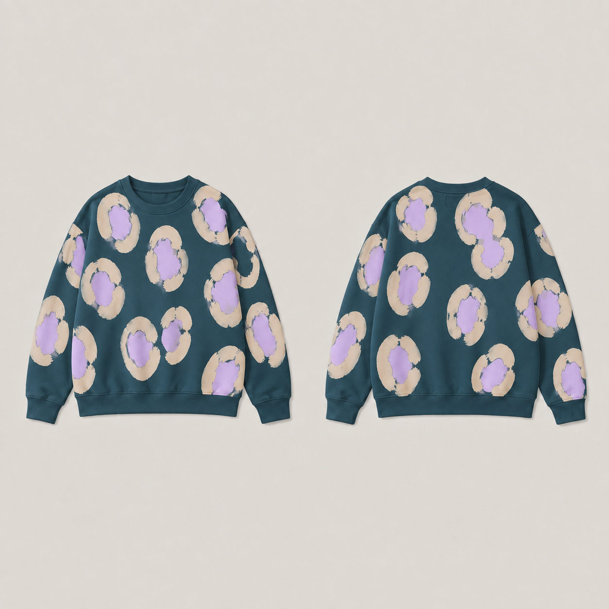 Front and back of a petrol crewneck with large broken oat rosettes and pale-lilac centers, with plain petrol ribs.