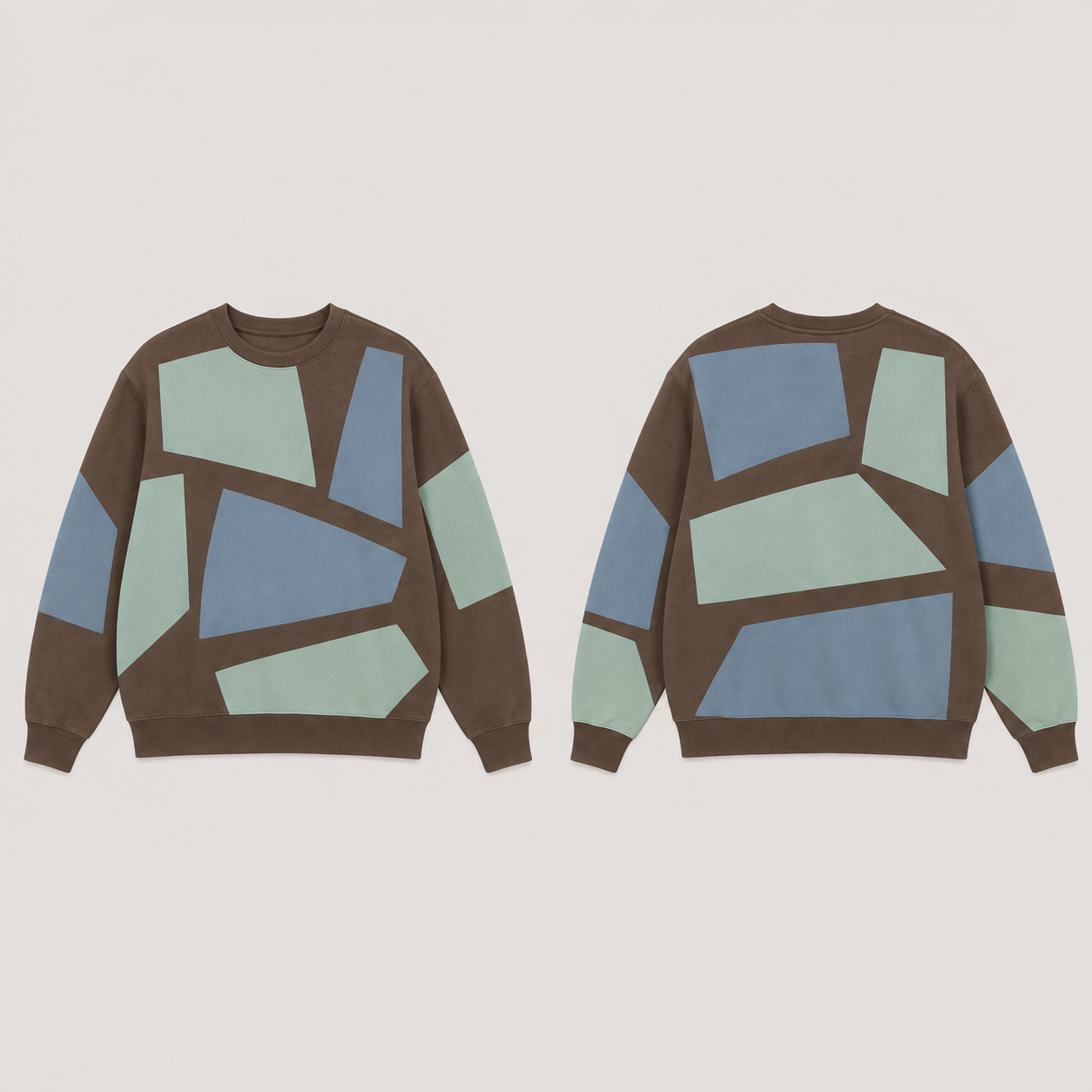 Front and back of a cocoa crewneck sweatshirt with large tilted mint and dusty-blue quadrilateral color fields across body and sleeves.