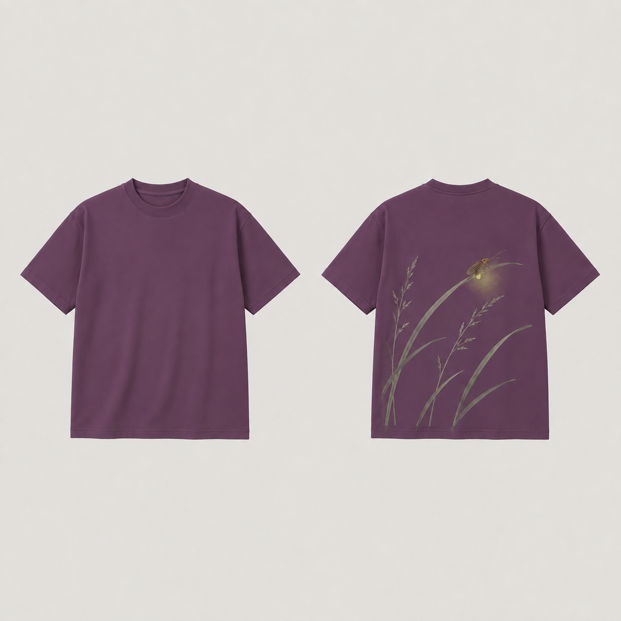 Front and back of a dusty-aubergine tee with the same grasses and small painted firefly on the back and a plain front.