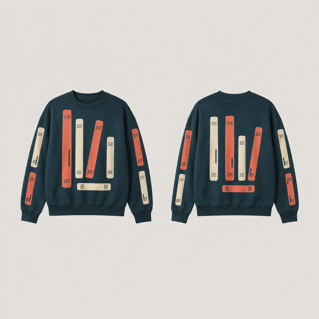 Front and back of a deep petrol crewneck with large coral and oat book-spine-like forms and short unlettered band marks.