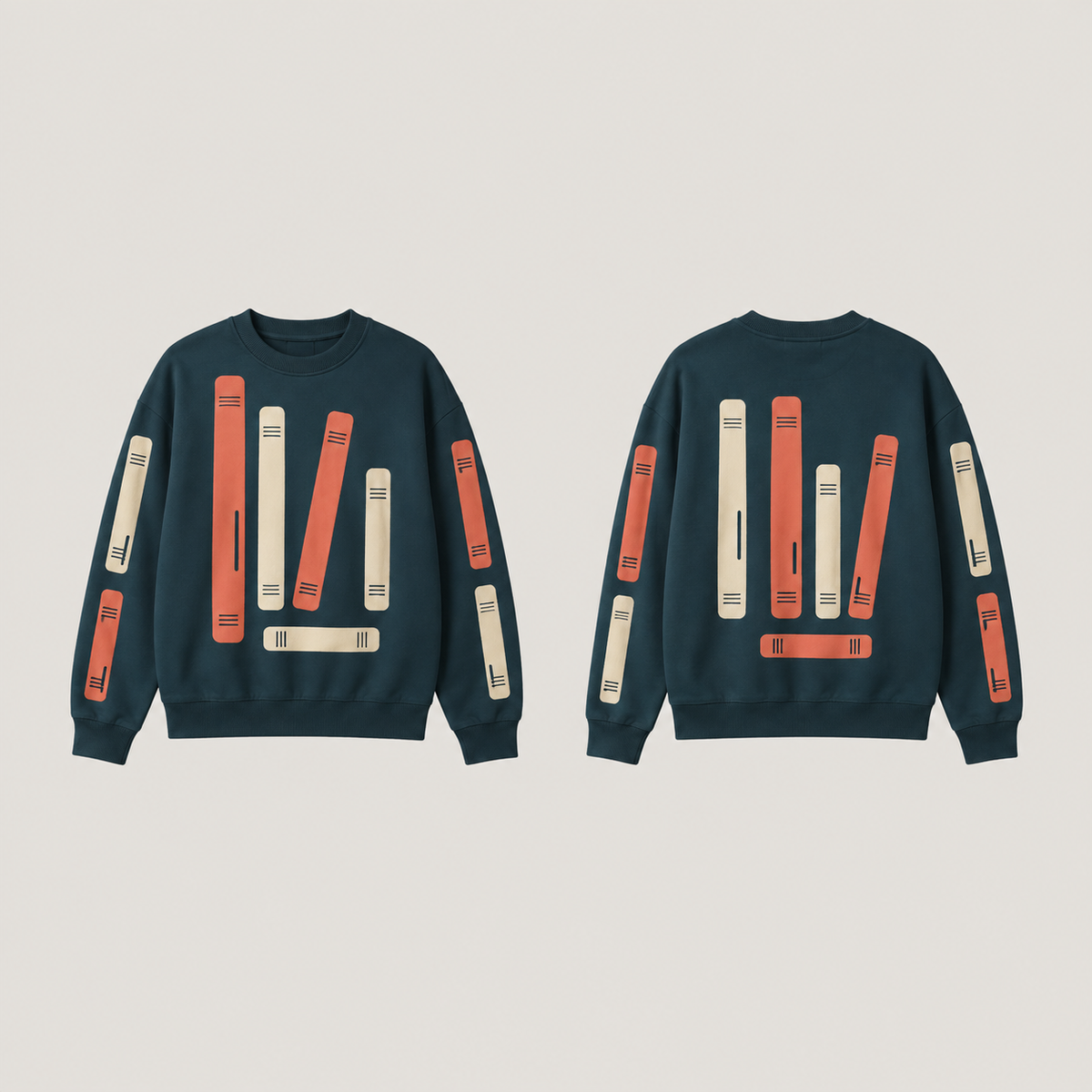 Front and back of a deep petrol crewneck with large coral and oat book-spine-like forms and short unlettered band marks.