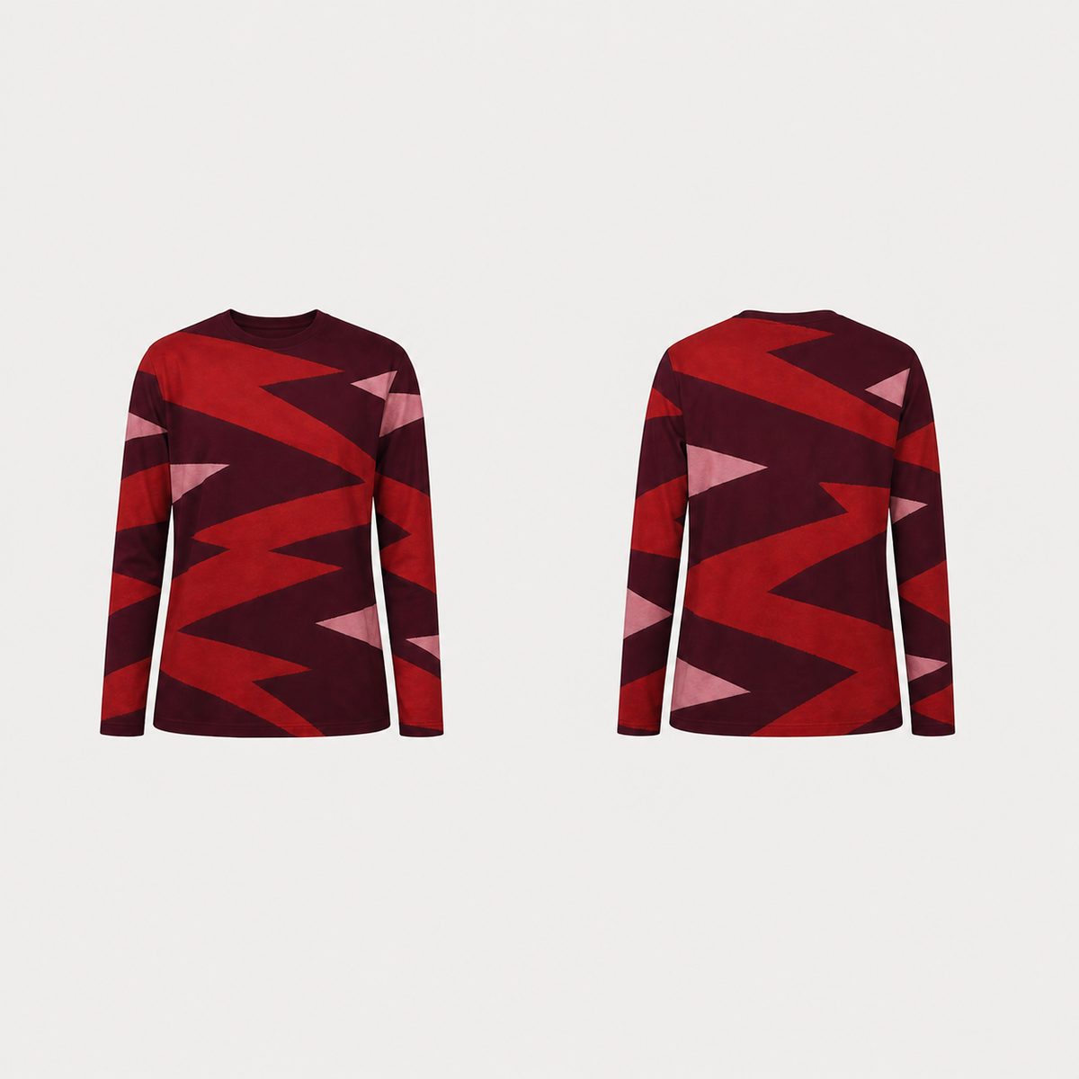 Wine long-sleeve tee shown from front and back with large scarlet jagged bands and pale pink wedges.
