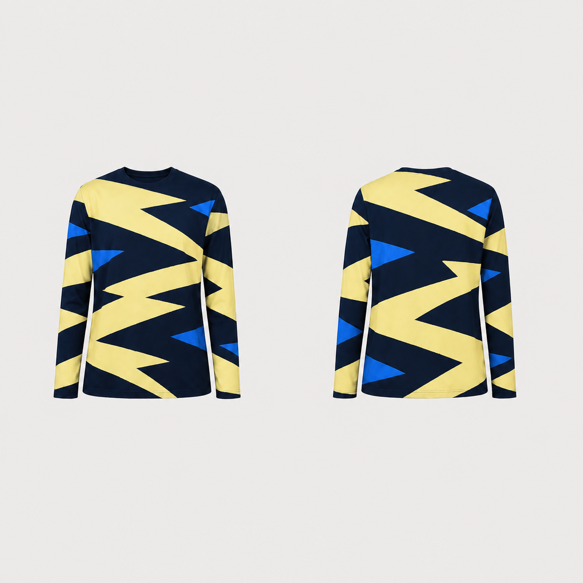 Ink navy long-sleeve tee in the same pattern, with butter yellow bands and cobalt wedges.