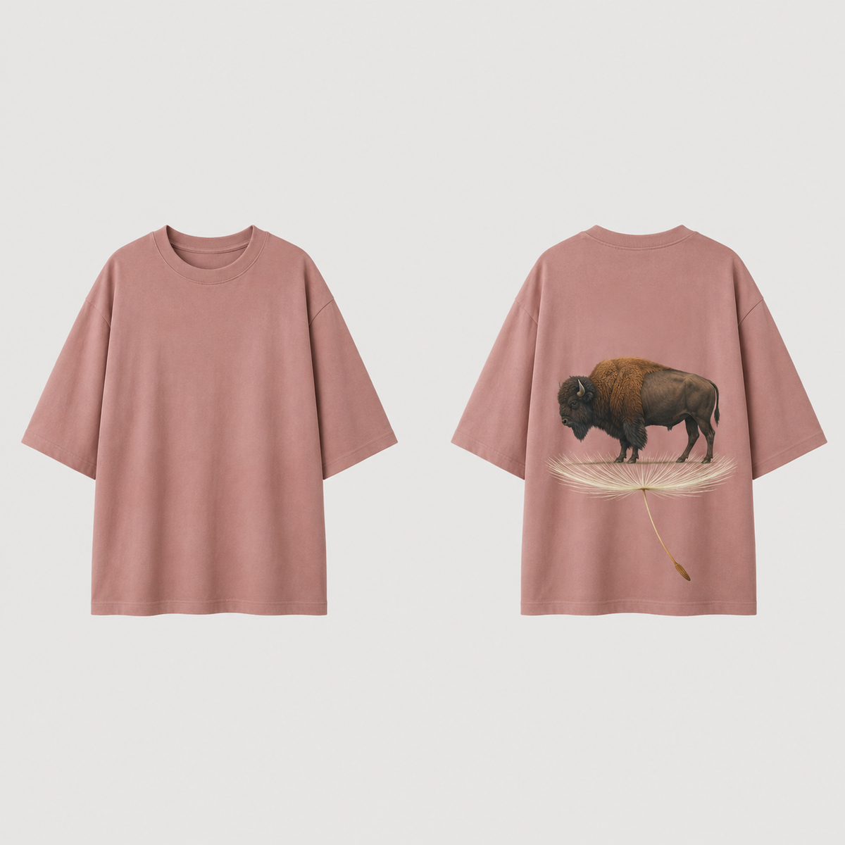 Dusty Rose oversized tee shown front and back, with a natural bison standing on a giant floating dandelion seed printed on the back.