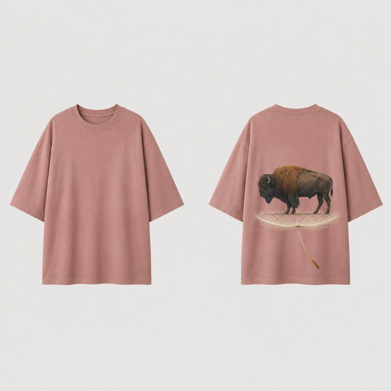 Dusty Rose oversized tee shown front and back, with a natural bison standing on a giant floating dandelion seed printed on the back.