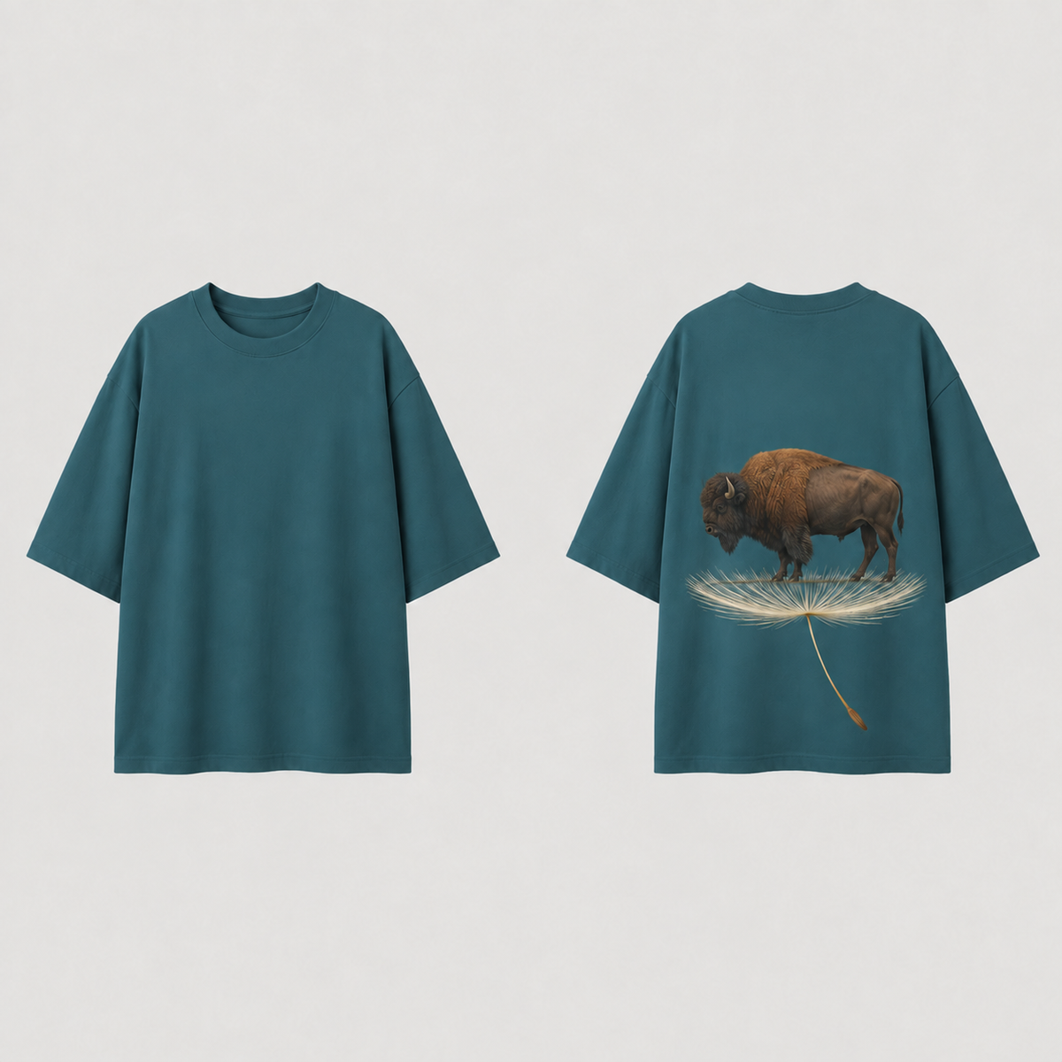 Deep Lagoon oversized tee shown front and back, with a natural bison standing on a giant floating dandelion seed printed on the back.