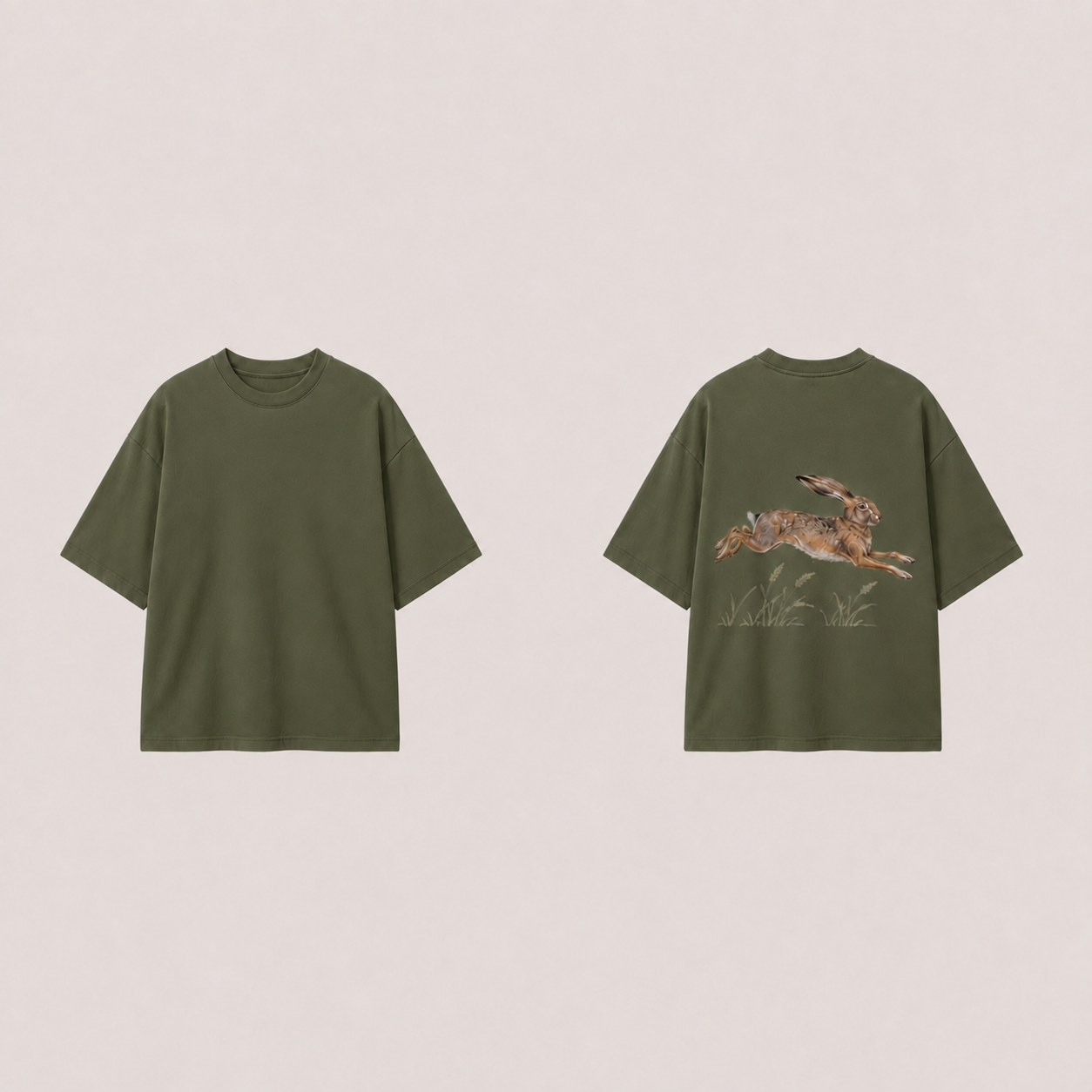 Front and back of a deep-moss oversized tee with a bounding brown hare and grass on the back and a plain front.