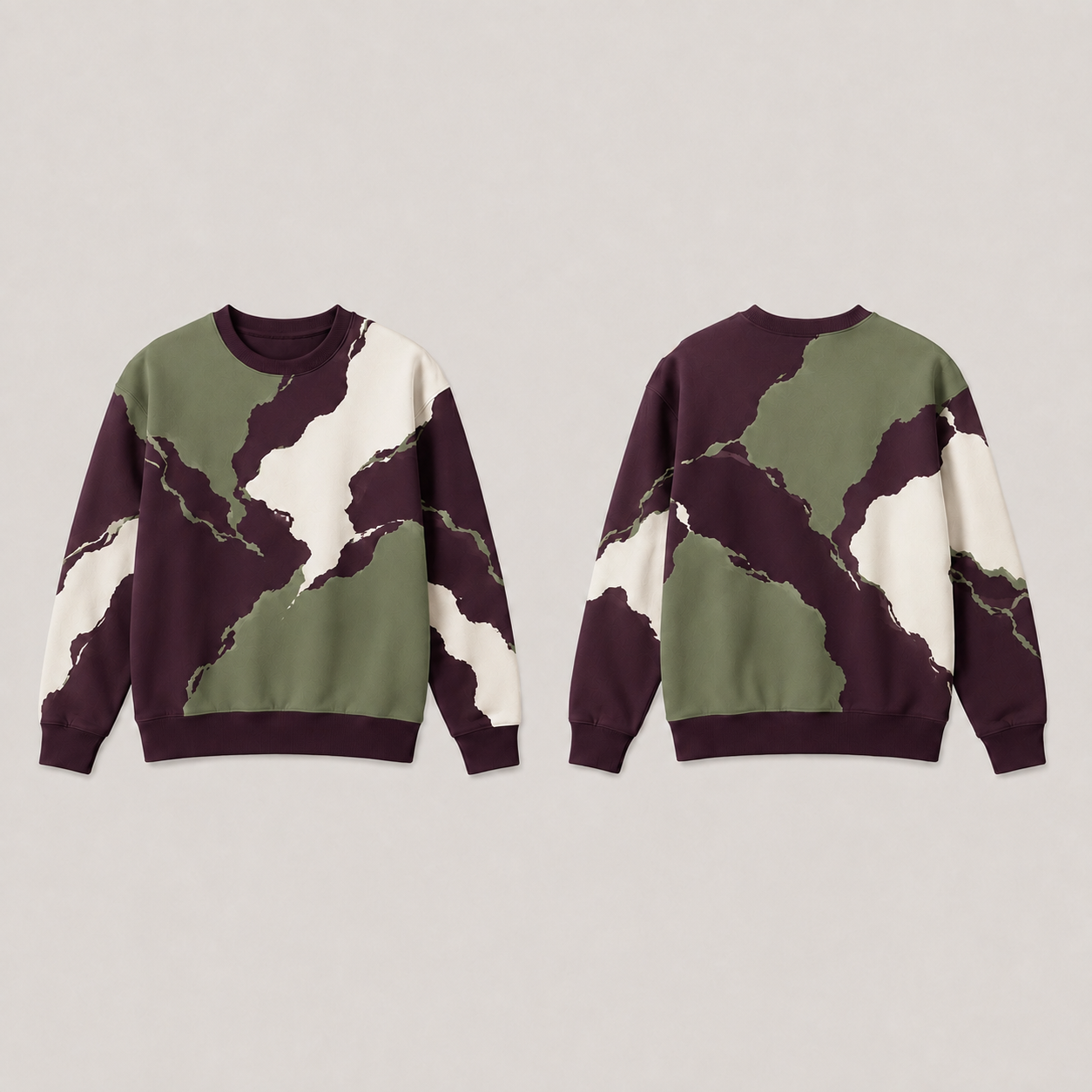 Front and back of a mulberry crewneck sweatshirt with matching large moss and cream irregular printed fields and plain ribs.