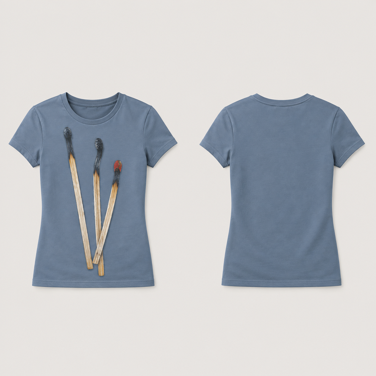 Dusty Blue fitted tee shown front and back, with three used wooden matches in an unequal fan printed on the front.
