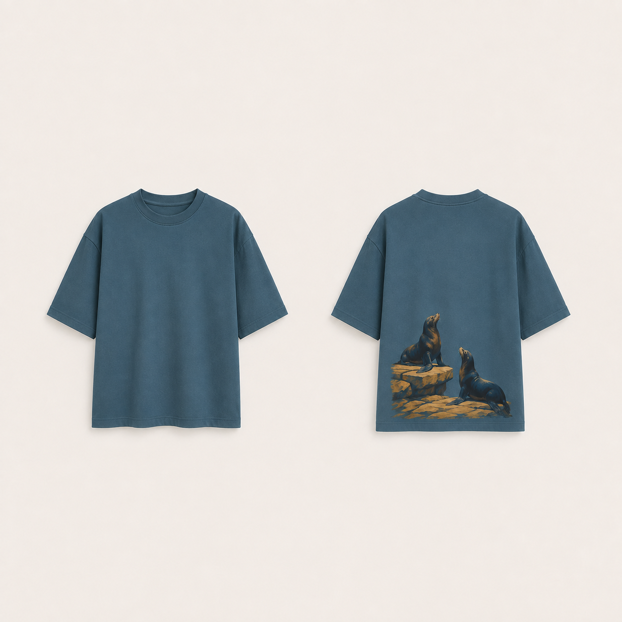 Faded petrol boxy tee shown from front and back; two natural sea lions sit at different heights on ochre rocks low on the back.