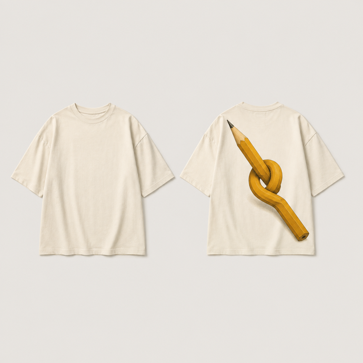 Front and back of a warm-chalk oversized tee with one ochre wooden pencil tied in an impossible knot printed on the back.