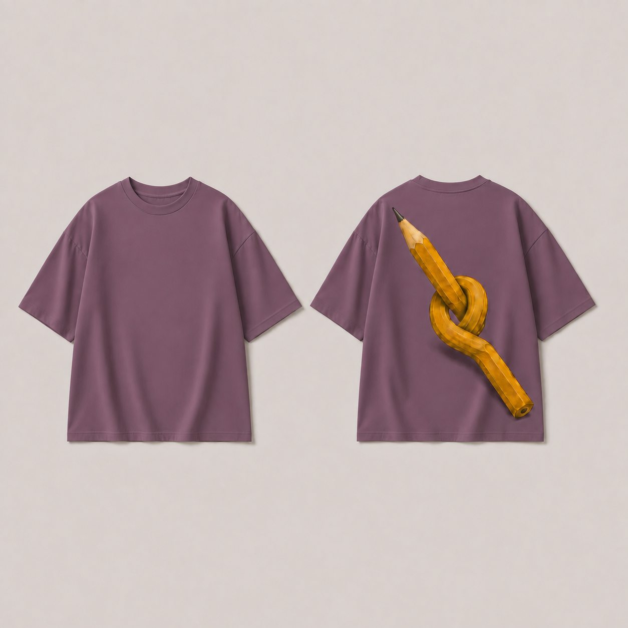Front and back of a muted-plum oversized tee with the matching knotted-pencil back illustration and plain front.