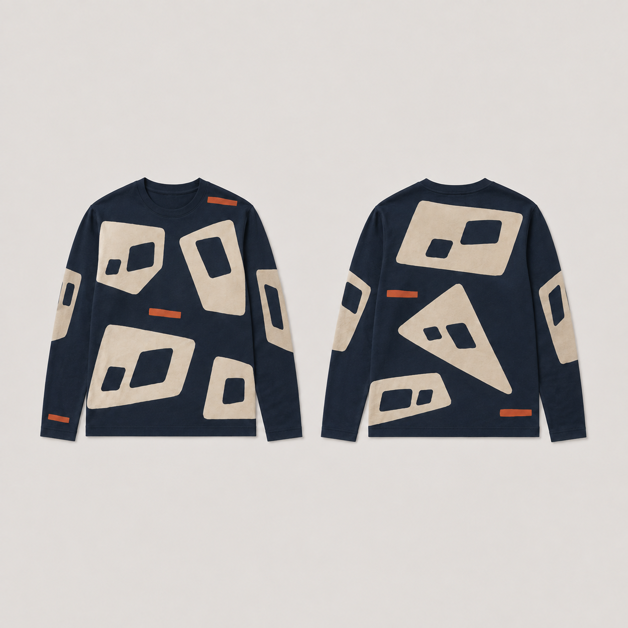 Front and back of an ink navy long-sleeve tee with large tilted cream slabs containing unequal dark printed openings and sparse persimmon bars.