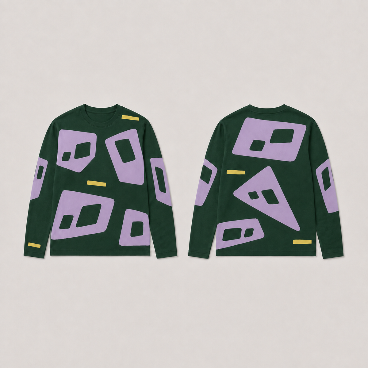 Front and back of a bottle-green long-sleeve tee with matching lilac aperture shapes and sparse butter-yellow bars; all areas are opaque cloth.