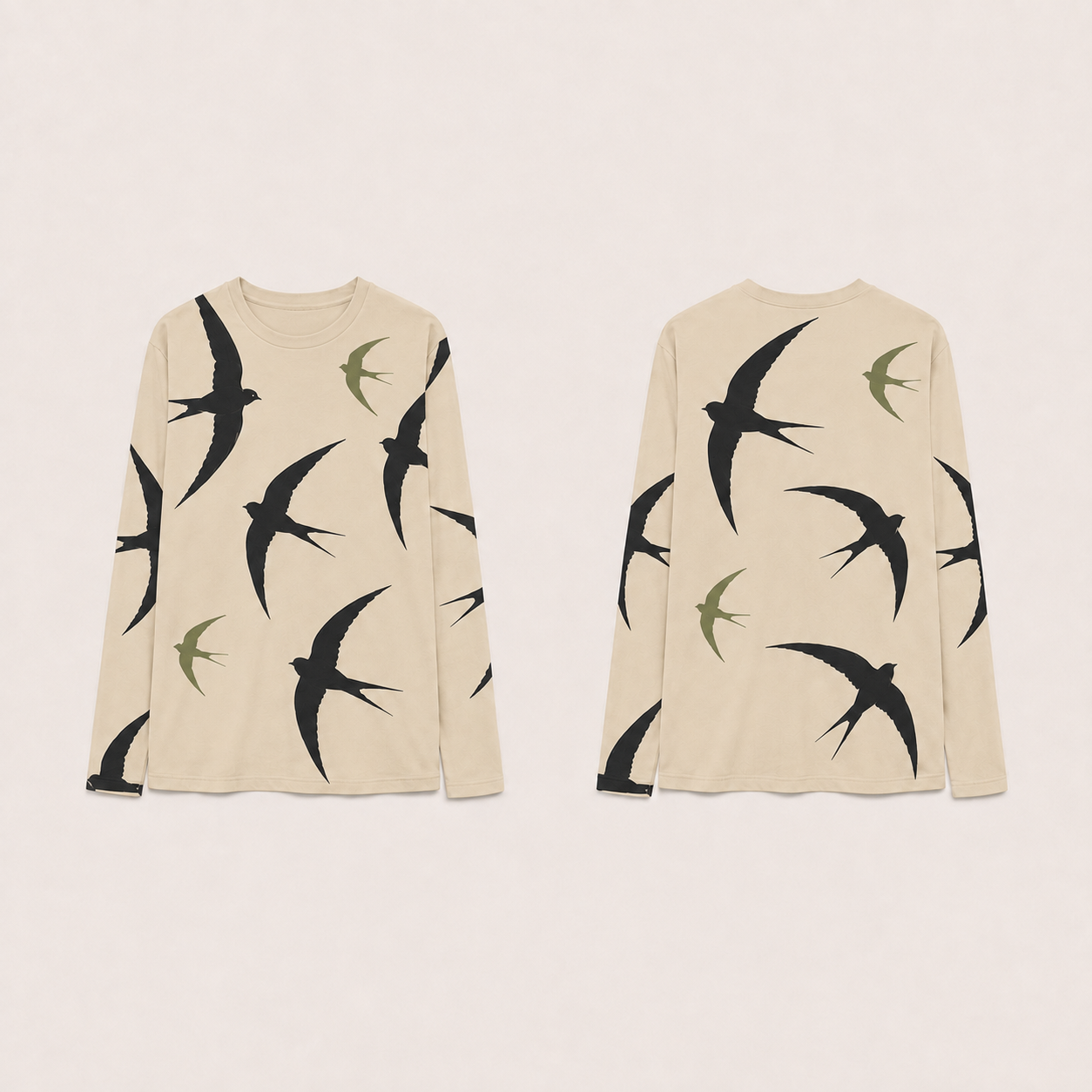 Pale Sand long-sleeve tee with matching large ink-black and smaller olive fork-tailed birds in flight.