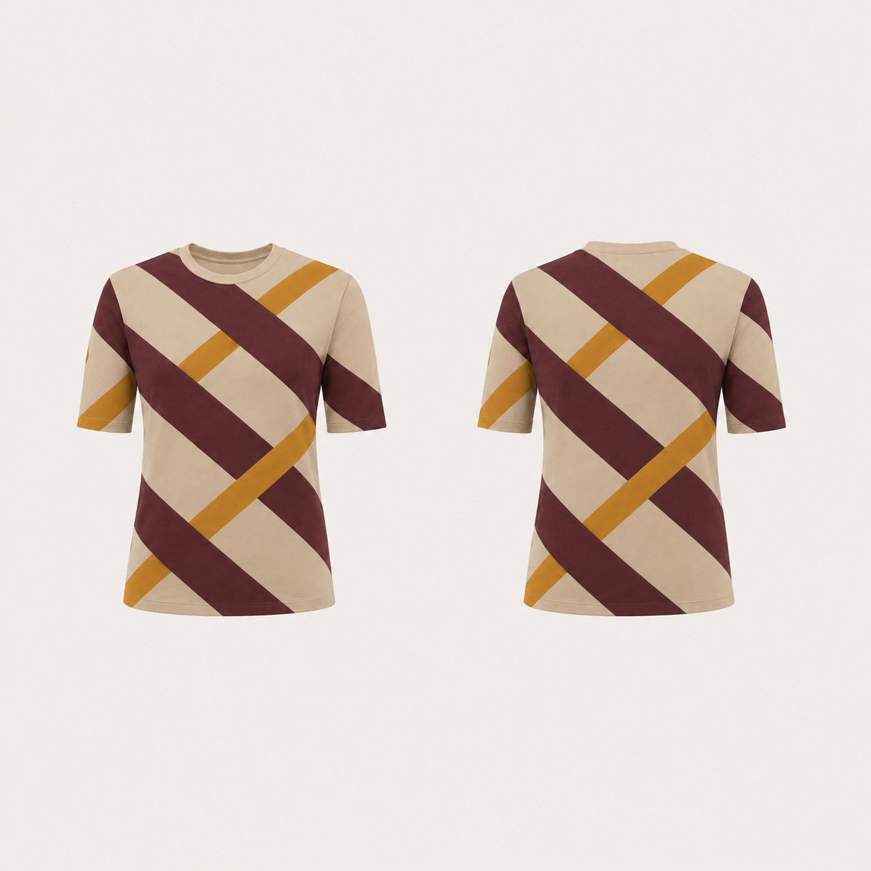 Fitted tee with longer short sleeves, warm sand ground and large wine and ochre diagonal bands alternating over and under.