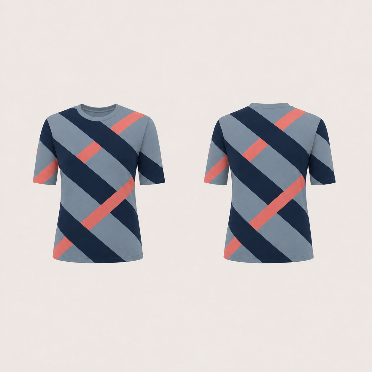 The same fitted tee with soft slate ground and ink navy and coral interlaced bands.