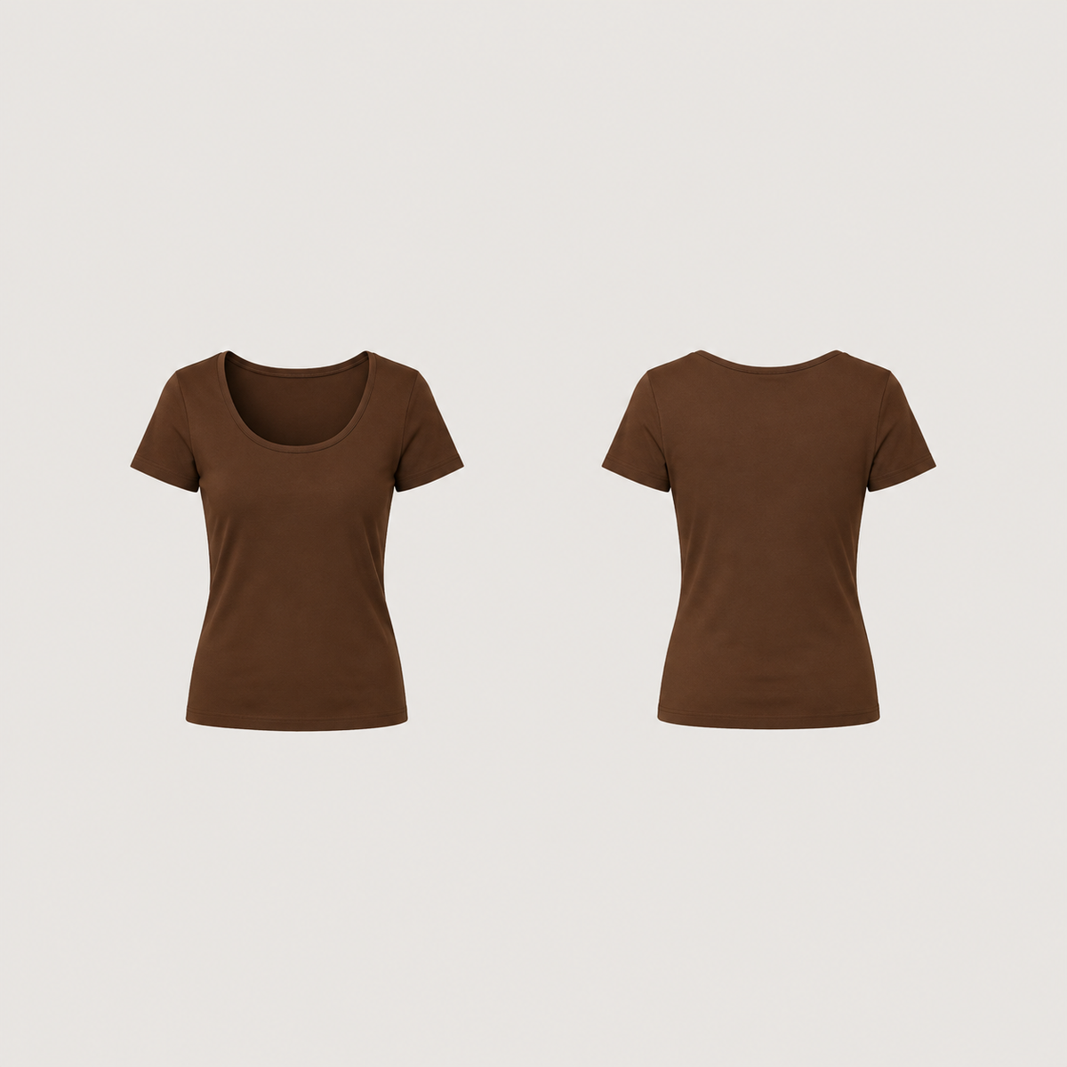 Front and back of a plain deep bronze fitted short-sleeve tee with a wide rounded front scoop neck and a high round back neckline.