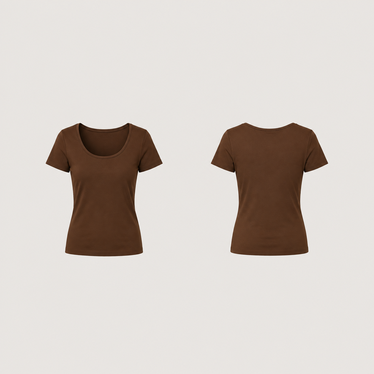 Front and back of a plain deep bronze fitted short-sleeve tee with a wide rounded front scoop neck and a high round back neckline.
